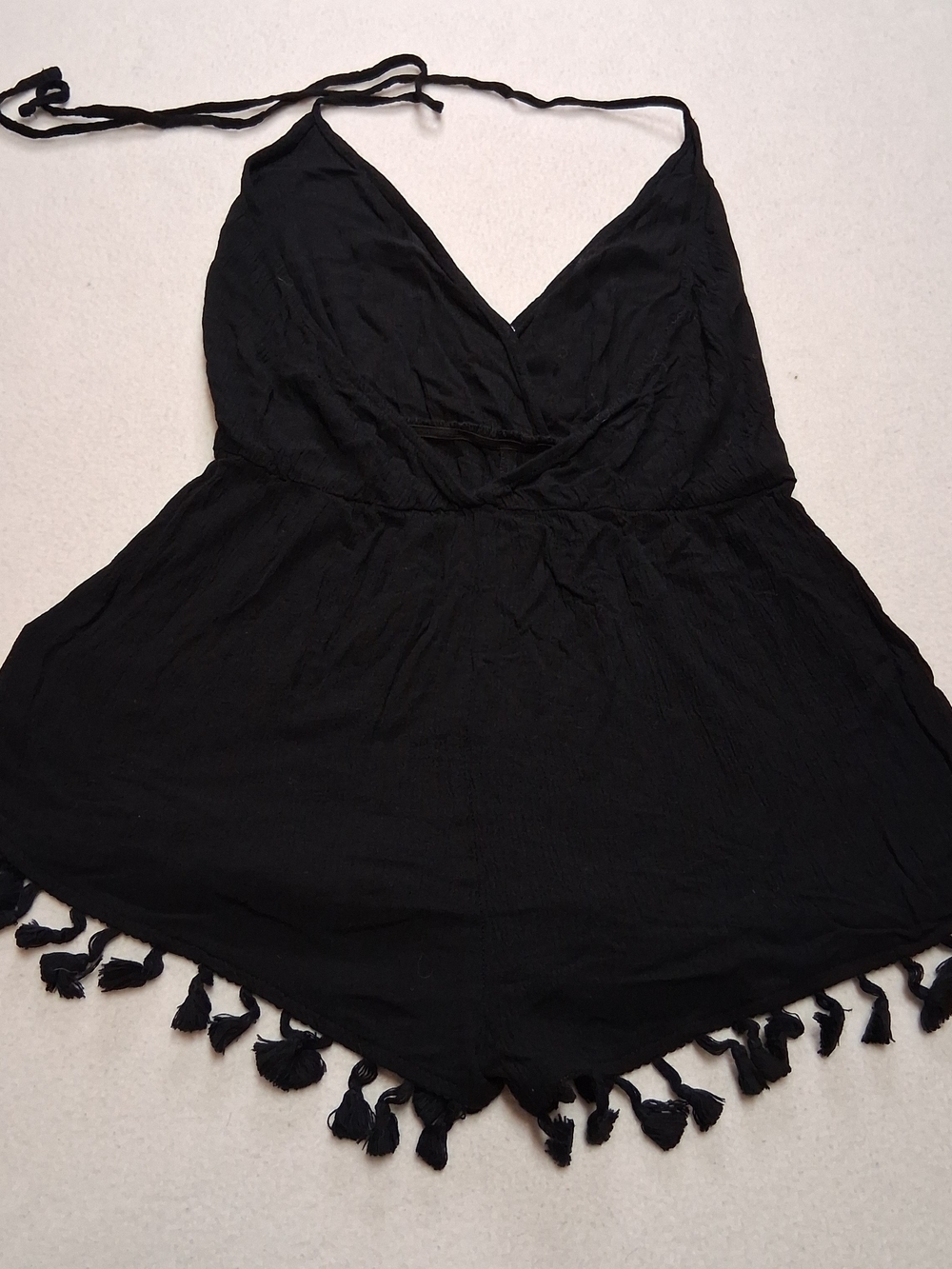 Lulu's Black Halter Romper with Tassel Trim - Picture 4 of 7